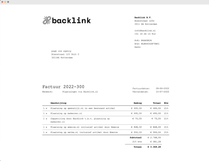 Eén factuur van Backlink.nl met alle plaatsingen van een maand op een rij