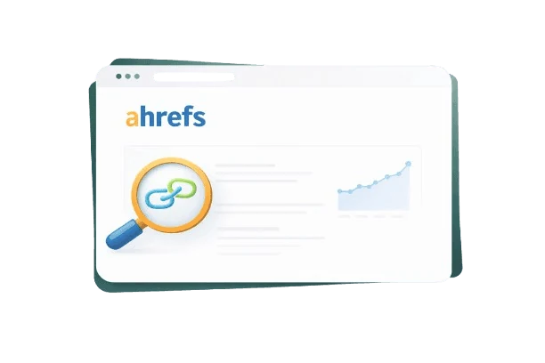 Illustration of Ahrefs SEO tool showing a dashboard with backlink analysis, domain metrics, and search engine data inside a floating card.