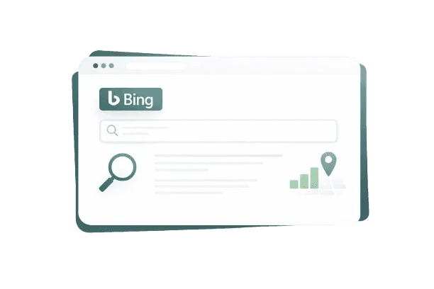 Illustration of Bing search engine showing a dashboard with search results, growth chart, globe, and location pin inside a floating card.