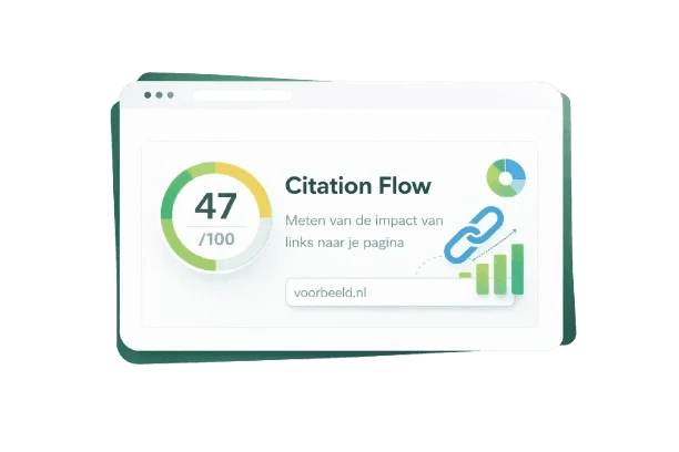 Minimalistic SEO dashboard illustration showing a Citation Flow score of 47/100 with a circular gauge, link icon, bar chart, and ranking indicators inside a white card with green border.
