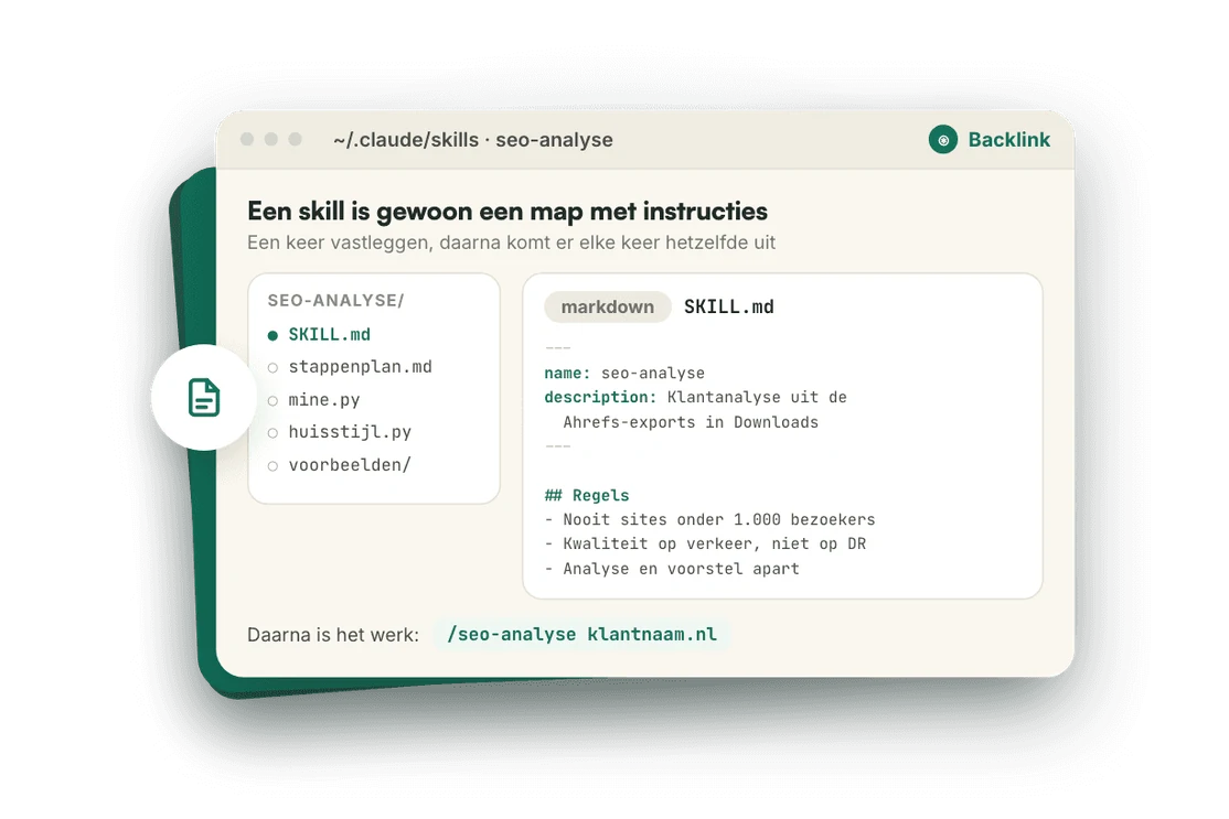 Map met een SEO-skill voor Claude: een SKILL.md-bestand met naam, omschrijving en regels, plus het commando om de analyse te starten.
