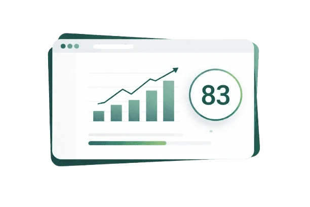 Illustration of Ahrefs Domain Rating showing a website dashboard with a DR score, growth chart, backlinks icon, and performance indicators inside a floating card.