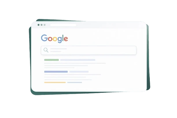 Illustration of Google search engine showing a search results dashboard with ranking growth, global reach, and SEO performance indicators inside a floating card.