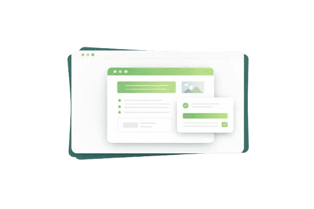 Minimalistic illustration of a landing page on a screen with a target icon, checklist, and conversion elements inside a white card with green border, representing landing page optimization.