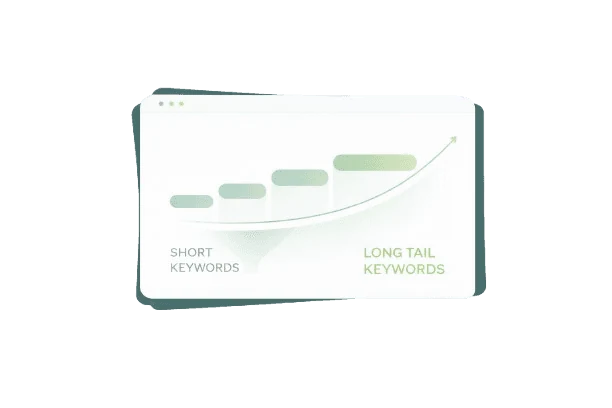 Minimalistic illustration of long tail keywords with a document, magnifying glass, funnel, and rising bar chart inside a white card with green border, representing focused SEO keyword strategy.