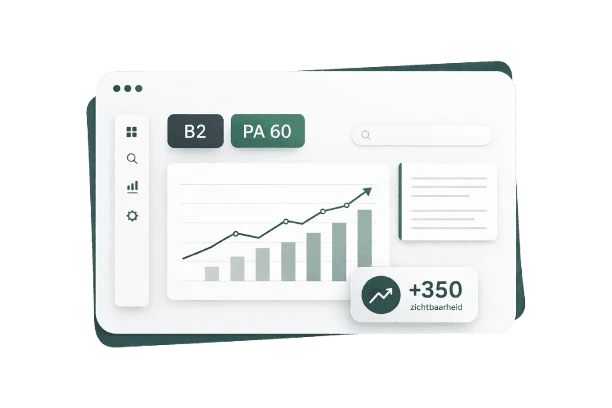 3D illustration of an SEO analytics dashboard showing metrics like PA 60 and B2, with a magnifying glass, bar chart, target, checkmarks, and growth icons displayed on a rounded card interface.