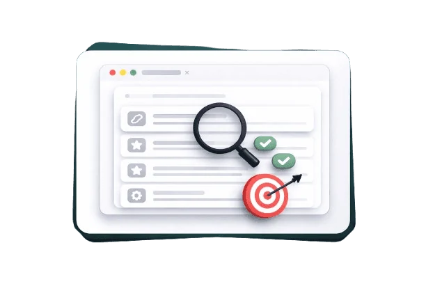 SEO dashboard illustration showing website metrics, growth charts, backlinks, and performance indicators inside a floating card.