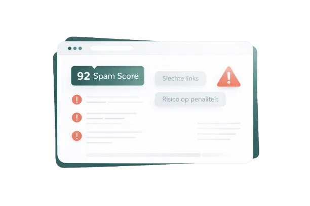 Illustration of a Moz spam score analysis showing warning icons, flagged emails, and a percentage score on a dashboard within a floating card.
