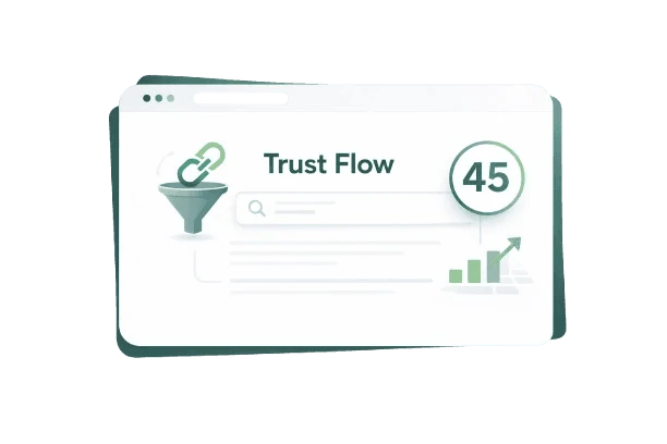 Illustration of Majestic Trust Flow showing a website dashboard with trust score, backlinks, and authority signals inside a floating card.