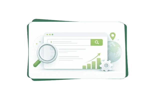 Minimalistic illustration of a search engine with a search results page, magnifying glass, globe, and growth chart inside a white card with green border, representing how search engines work.