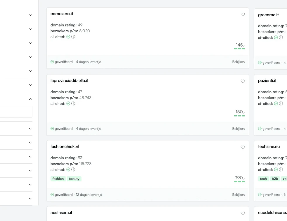 Italiaanse websites in het Backlink-platform, zoals comozero.it en laprovinciadibiella.it, met domain rating, bezoekers en prijs