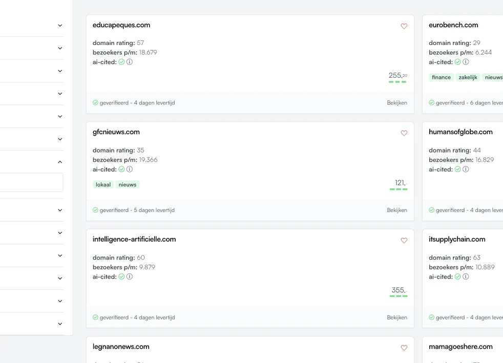 Websites in het Backlink-platform met domain rating, bezoekers per maand en prijs