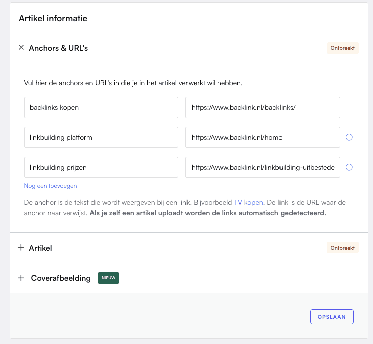 Formulier voor anchors en URL’s bij een bestelling in het Backlink-platform
